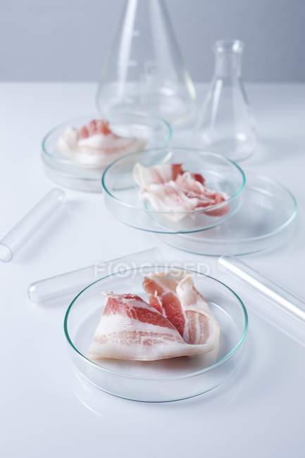 Immagine concettuale di carne finta con vetreria in laboratorio . — Foto stock