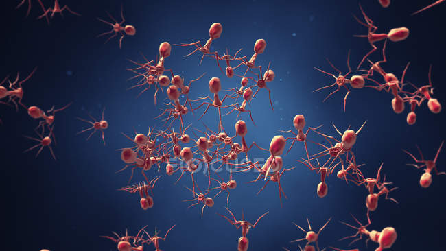 Bacteriophages on blue background, digital illustration. — Stock Photo