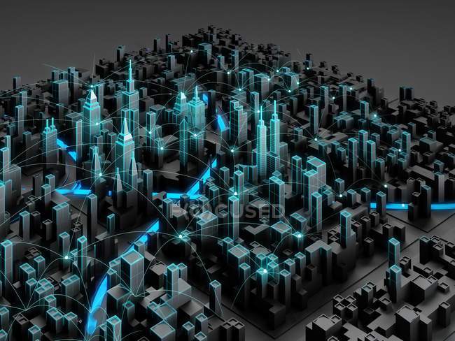 Цифровой город с умными технологиями, концептуальной трехмерной цифровой иллюстрацией . — стоковое фото