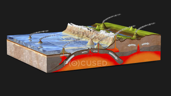 Cross-section showing subduction and plate tectonics, digital illustration. — Stock Photo