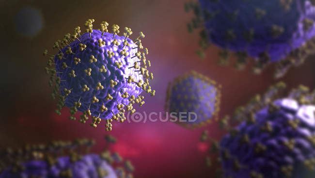 Illustrazione 3d di particelle virali di colore blu con recettori . — Foto stock