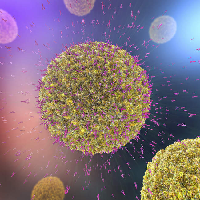 3D Illustration von Antikörpern, die Viruspartikel angreifen. — Stockfoto