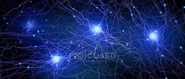 Estructura abstracta de la red neuronal sobre fondo oscuro, ilustración digital
. - foto de stock