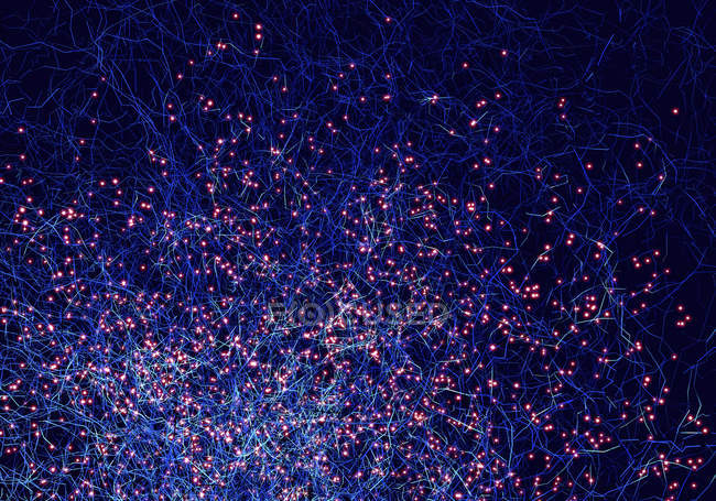 Комплексная сеть с узлами и соединениями на фиолетовом фоне, цифровая иллюстрация . — стоковое фото