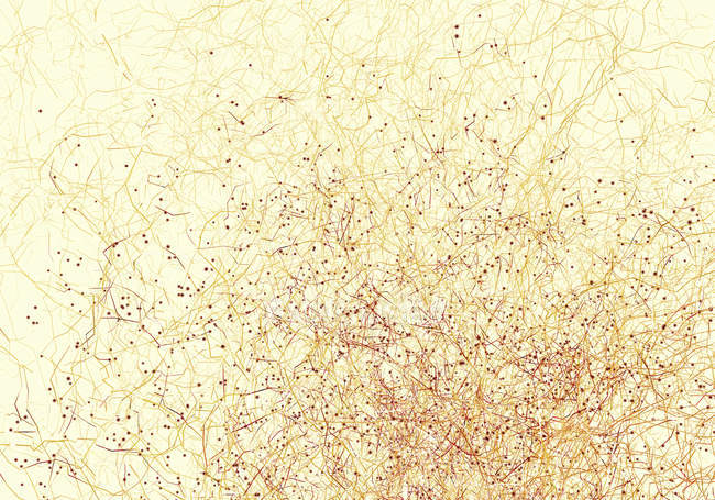 Komplexes Netzwerk mit Knoten und Verbindungen auf gelbem Hintergrund, digitale Illustration. — Stockfoto