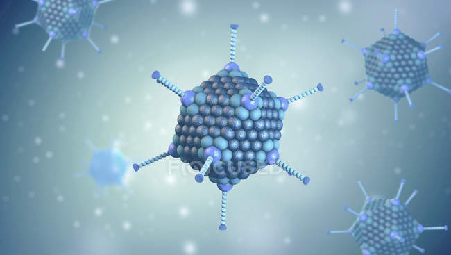 Blaue Adenovirus-Partikel, farbige digitale 3D-Illustration. — Stockfoto