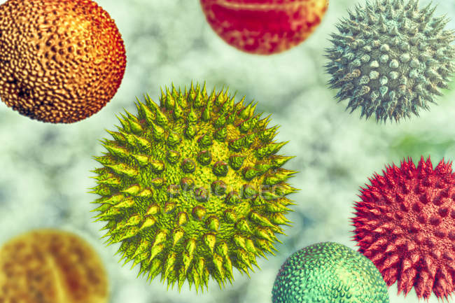 Grani di polline astratti da varie piante differiscono per dimensioni e forma, illustrazione del computer. — Foto stock