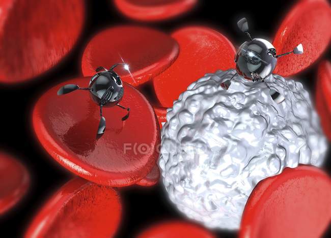 Nanomaschinen, die an roten und weißen Blutkörperchen arbeiten, digitale Illustration. — Stockfoto