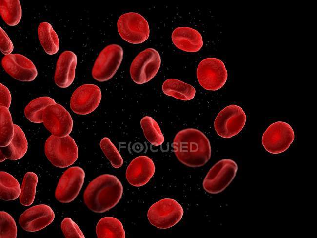 Rote Blutkörperchen auf schwarzem Hintergrund, Computerillustration. — Stockfoto