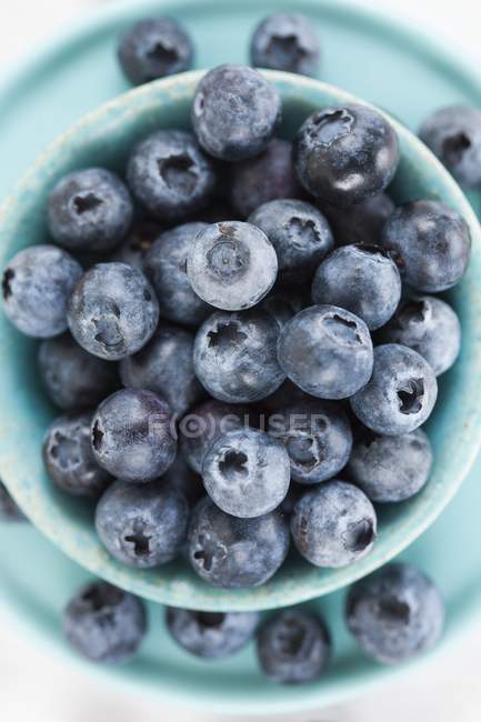 Blueberries in blue bowl and plate on white background, top view. — Stock Photo