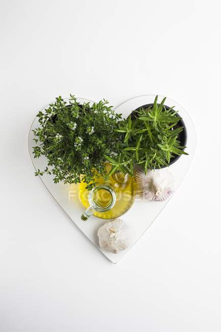 Kräuter, Knoblauch und Olivenöl, Zutaten der mediterranen Küche. — Stockfoto