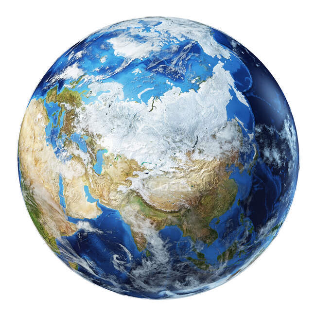 Азия Север с облачным видом на земной шар, подробная и фотографическая трехмерная иллюстрация на белом фоне . — стоковое фото