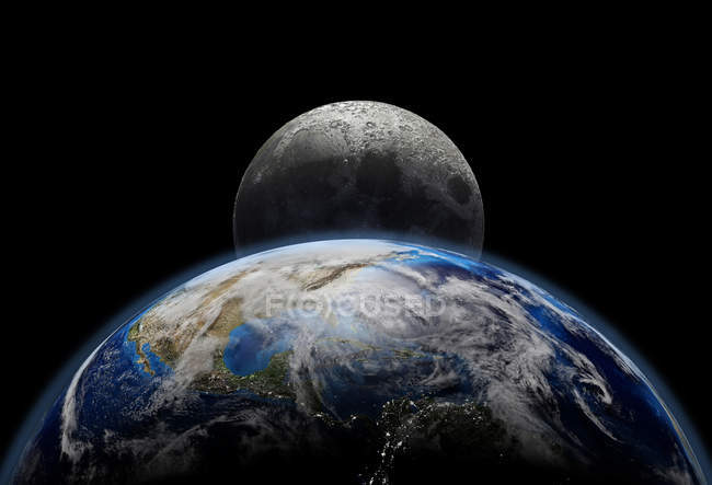 Planet Erde mit Sonnenaufgang im All, Stadtlichter und Mond, USA. und Südamerika-Ansicht. — Stockfoto