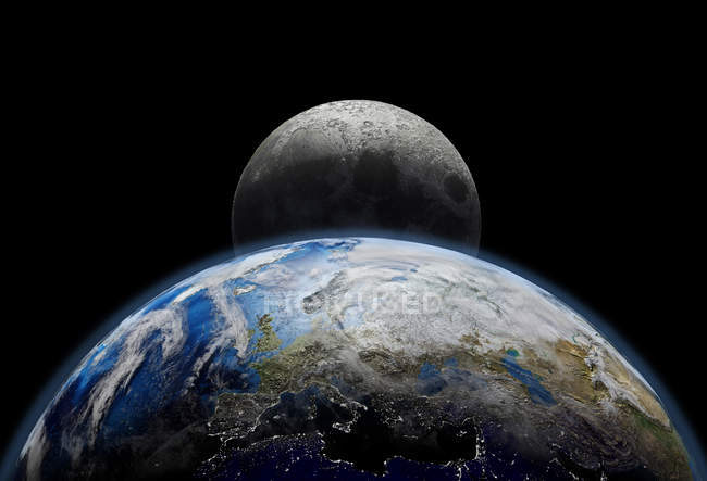 Pianeta Terra con alba nello spazio, città luci e luna, Europa e Asia vista
. — Foto stock