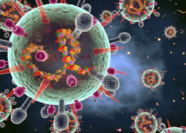 Modèle abstrait du virus de la grippe saisonnière B, illustration numérique conceptuelle . — Photo de stock
