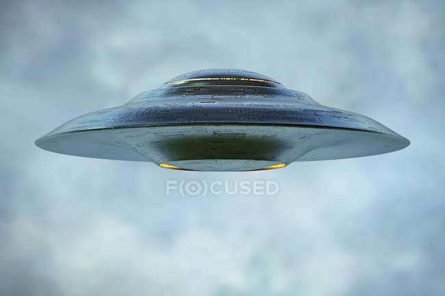 Unidentified flying object traditional saucer in sky, digital illustration. — Stock Photo