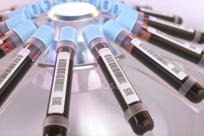 Центрифуга образцов крови в штрих-кодированных пробирках, цифровая иллюстрация
. — стоковое фото