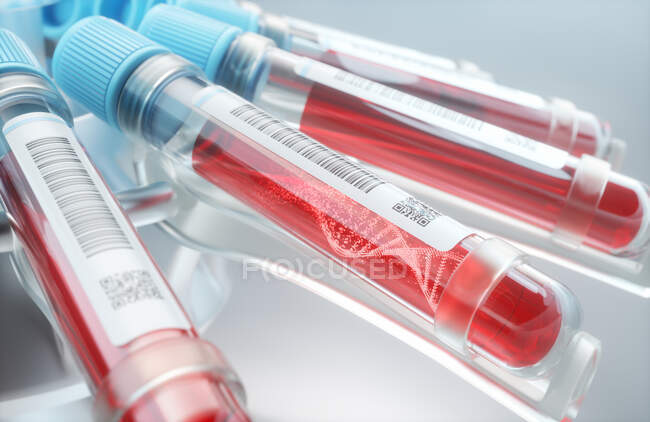 Genetic research, conceptual illustration. DNA (deoxyribonucleic acid) molecule in blood sample tubes in a centrifuge. — Stock Photo