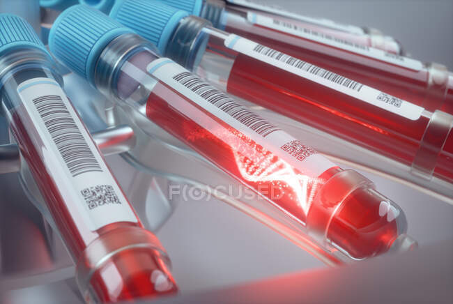 Ricerca genetica, illustrazione concettuale. Molecola di DNA (acido desossiribonucleico) in provette di sangue in una centrifuga . — Foto stock
