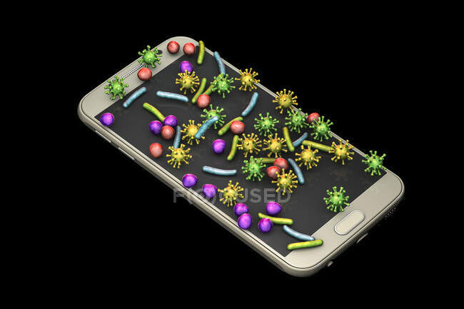 Микробы найдены на мобильном телефоне, концептуальная компьютерная иллюстрация — стоковое фото