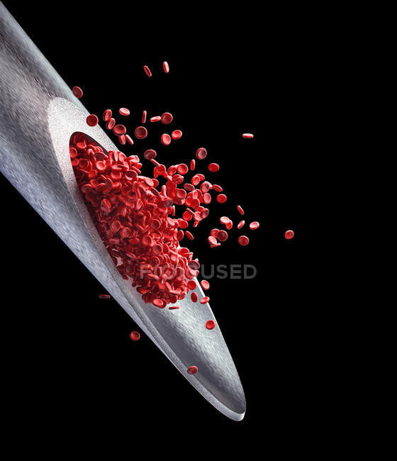 Aguja hipodérmica y sangre, ilustración por computadora - foto de stock