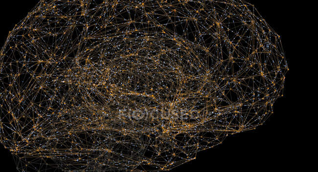 Das menschliche Gehirn repräsentiert durch Lichtpunkte, die durch Linien verbunden sind, 3D-Illustration. — Stockfoto