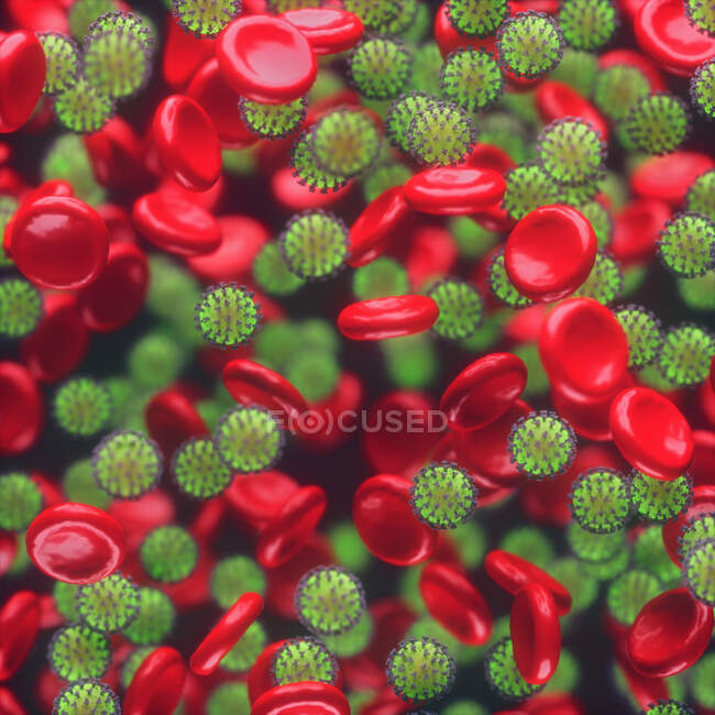 Ilustração computacional de partículas de coronavírus na corrente sanguínea — Fotografia de Stock