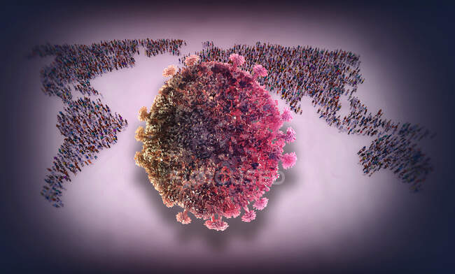 Coronavirus pandemic, Illustration of coronavirus particle and world map formed of people — стокове фото