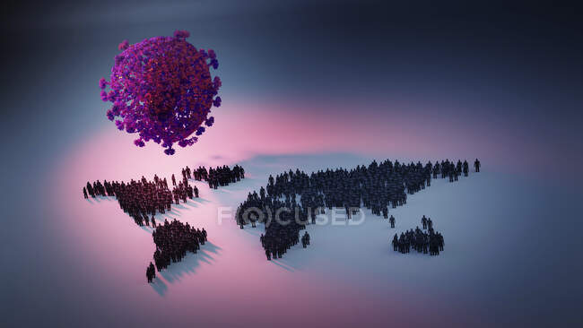 Pandemia de coronavirus, ilustración de partículas de coronavirus y mapa mundial formado por personas - foto de stock