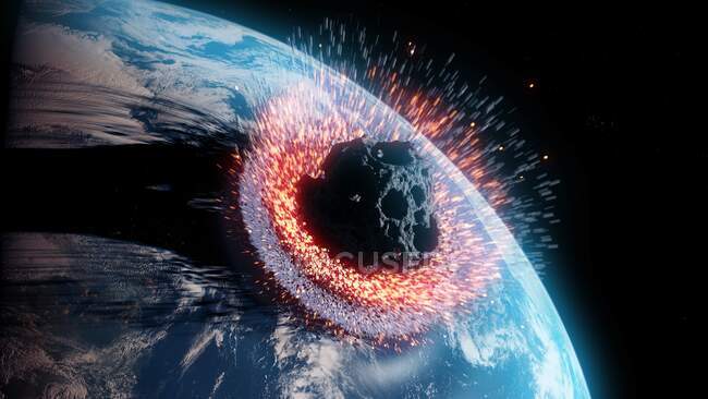 Asteroide que afecta a la Tierra, ilustración por computadora - foto de stock