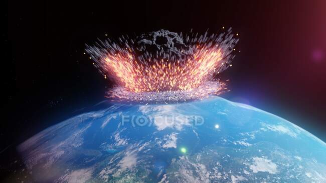 Asteroide que afecta a la Tierra, ilustración por computadora - foto de stock