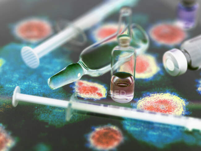 Investigación farmacéutica. Potenciales nuevos medicamentos y vacunas en micrografía electrónica del virus - foto de stock