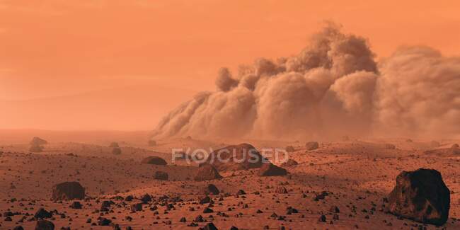 Ilustración de una gran tormenta de polvo en Marte. Marte es el cuarto planeta en nuestro Sistema Solar, y el tema de más misiones espaciales que cualquier otro mundo - foto de stock