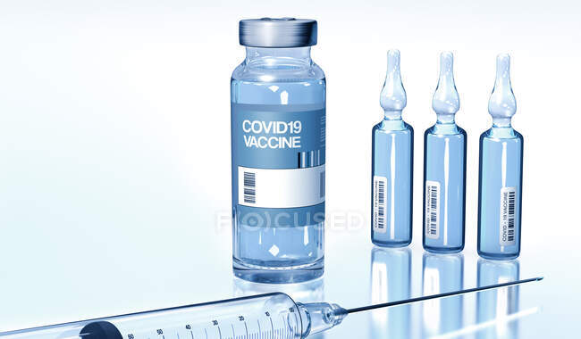 Ampoules contenant un vaccin contre le coronavirus responsable de la maladie pulmonaire Covid-19, illustration conceptuelle 3d — Photo de stock
