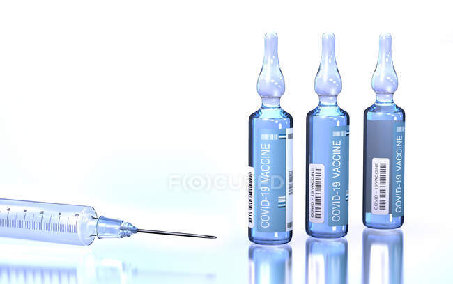 Ampoules contenant un vaccin contre le coronavirus responsable de la maladie pulmonaire Covid-19, illustration conceptuelle 3d — Photo de stock