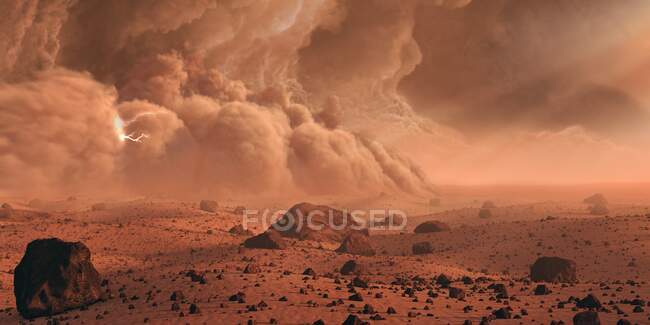 Огромная пыльная буря появляется над кратером на Марсе. Марс является четвертой планетой в нашей Солнечной системе, и предметом большего количества космических миссий, чем любой другой мир — стоковое фото