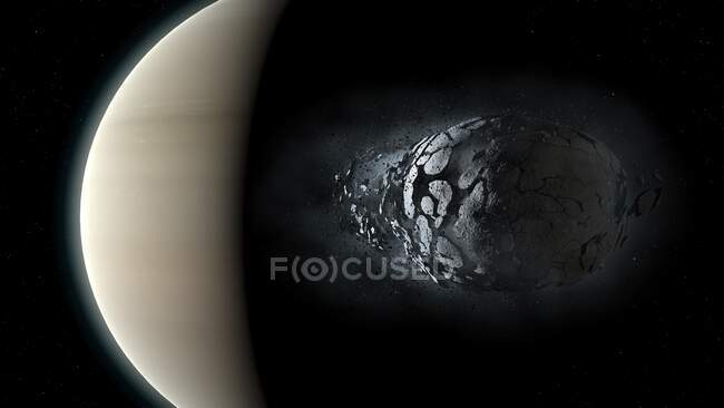 Esta imagem é uma de uma sequência de três, mostrando o rompimento de uma pequena lua devido ao campo gravitacional de seu planeta-mãe gigante — Fotografia de Stock