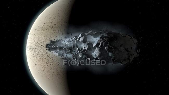 Це зображення є однією з трьох послідовностей, що показує розпад маленького місяця через гравітаційне поле його гігантської батьківської планети. Це одна з теорій про походження кілець Сатурна. — стокове фото