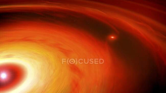 Oeuvre d'une planète géante gazeuse, formant un disque d'accrétion autour d'une étoile. La planète (à droite) a dégagé une brèche dans le disque alors qu'elle aspire le gaz et la poussière de son environnement. On pense que Jupiter et Saturne se sont formés de cette façon. — Photo de stock
