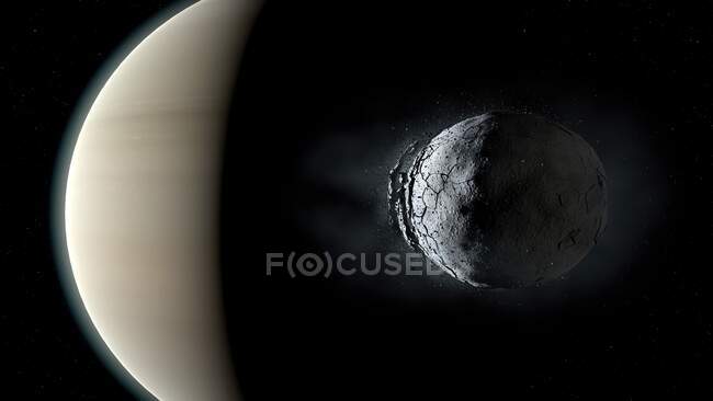 Це зображення є однією з трьох послідовностей, що показує розпад маленького місяця через гравітаційне поле його гігантської батьківської планети. — стокове фото