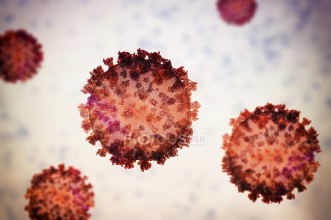 Partículas de coronavírus, ilustração computacional. Diferentes cepas de coronavírus são responsáveis por doenças como o resfriado comum, gastroenterite e SARS (síndrome respiratória aguda grave ) — Fotografia de Stock