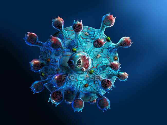 Ilustración por ordenador de la partícula del coronavirus - foto de stock