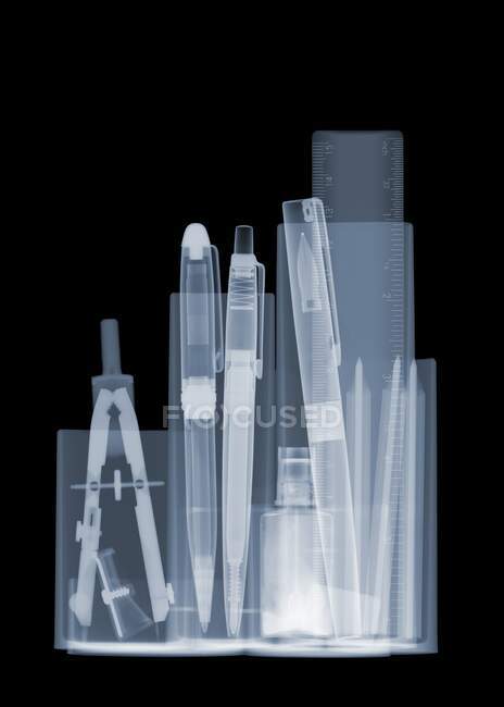 Desk tidy and writing tools, X-ray — Stock Photo