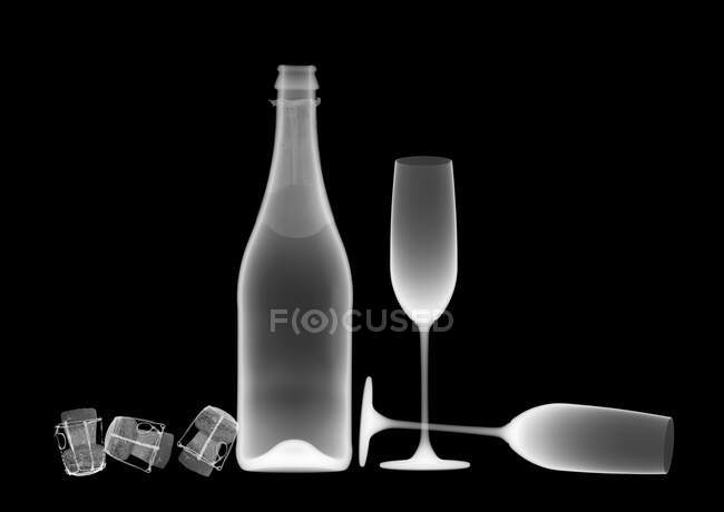 Sparkling wine bottle with glasses and corks, X-ray. — Stock Photo