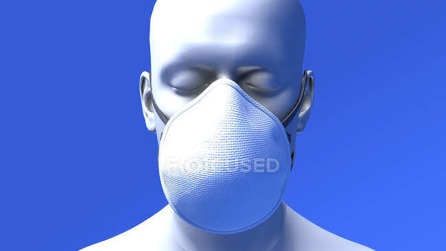 Ilustración de un hombre con una máscara facial N95. Una máscara N95 es ajustada y tiene capas que filtran el 95% de las partículas en el aire. - foto de stock