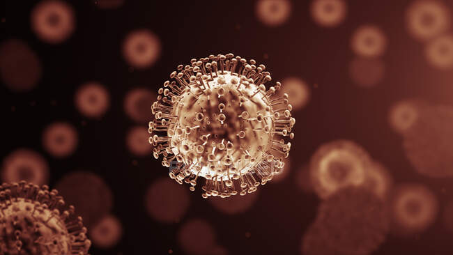 Частицы коронавируса, компьютерная иллюстрация. Различные штаммы коронавируса ответственны за такие заболевания, как простуда, гастроэнтерит и атипичная пневмония (тяжелый острый респираторный синдром) — стоковое фото