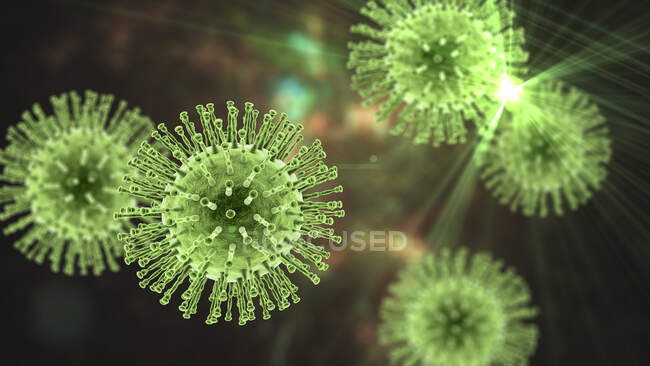 Частицы коронавируса, компьютерная иллюстрация. Различные штаммы коронавируса ответственны за такие заболевания, как простуда, гастроэнтерит и атипичная пневмония (тяжелый острый респираторный синдром) — стоковое фото