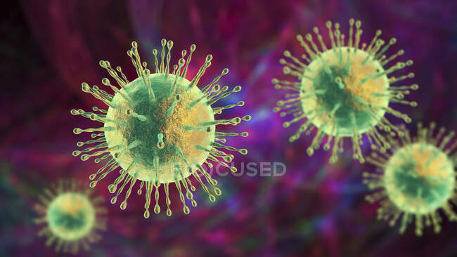 Partículas de coronavírus, ilustração computacional. Diferentes cepas de coronavírus são responsáveis por doenças como o resfriado comum, gastroenterite e SARS (síndrome respiratória aguda grave
) — Fotografia de Stock