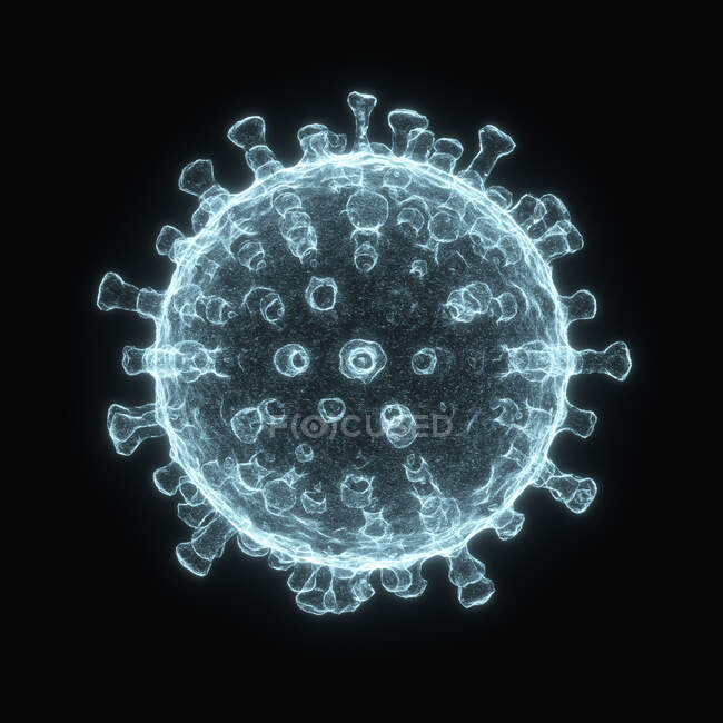 Particule de coronavirus Covid-19, illustration. Le nouveau coronavirus SRAS-CoV-2 est apparu à Wuhan, en Chine, en décembre 2019. Le virus provoque une légère maladie respiratoire (Covid-19) qui peut se développer en pneumonie et être mortelle dans certains cas. — Photo de stock