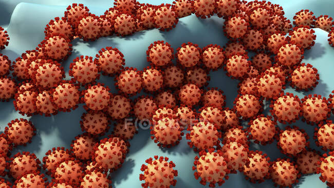 Partículas de coronavirus infectando una célula humana, ilustración por computadora - foto de stock